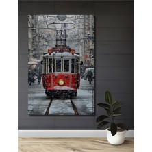 Teona Ahşap Kırmızı Tramvay Kar Yağışlı Istanbul Yağlı Boya Görünümlü Dekoratif Ahşap Tablo Dikdörtgen Tablo