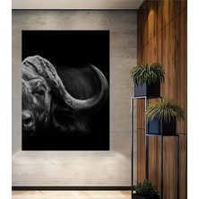 Teona Ahşap Siyah Beyaz Afrika Mandası Yağlı Boya Görünümlü Dekoratif Ahşap Tablo Dikdörtgen Tablo