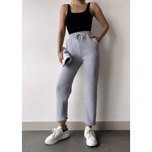 Schlank Kadın Gri Kışlık Kalın Içi Polarlı Yüksek Bel Paçası Lastikli Basic Jogger Eşofman Altı