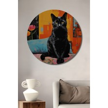 Teona Ahşap Siyah Kedi Yağlı Boya Görünümlü Modern Sanat Ahşap Dekoratif Tablo Yuvarlak Tablo