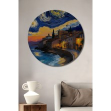 Teona Ahşap Yıldızlı Gece Esintili Sahil Kasabası Yağlı Boya Görünümlü Ahşap Dekoratif Tablo Yuvarlak Tablo