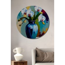 Teona Ahşap Zarif Orkide Çiçekleri Yağlı Boya Görünümlü Ahşap Dekoratif Tablo Yuvarlak Tablo