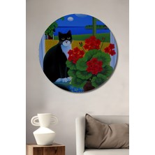 Teona Ahşap Şanslı Kedi ve Kırmızı Sardunyalar Yağlı Boya Görünümlü Dekoratif Ahşap Tablo Yuvarlak Tablo