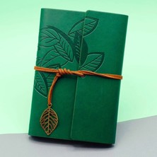 Marsilyan Yeşil Deri Kapaklı Yaprak Desenli Defter