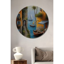 Teona Ahşap Akdeniz Esintisi Yelkenli Tekne Manzaralı Yağlı Boya Görünümlü Ahşap Dekoratif Tablo Yuvarlak Tablo