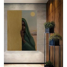 Teona Ahşap Altın Vurgulu Yeşil Başörtülü Kadın Yağlı Boya Görünümlü Sanat Tablosu Dikdörtgen Tablo