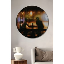 Teona Ahşap Yağmurlu Gece Kahve Keyfi Yağlı Boya Görünümlü Ahşap Dekoratif Tablo Yuvarlak Tablo