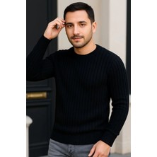 Silerra Erkek Bisiklet Yuvarlak Yaka Triko Kazak Pamuklu Kalın Fitilli Dokuma, Regular Fit Uzun Kollu Kışlık Model - Siyah