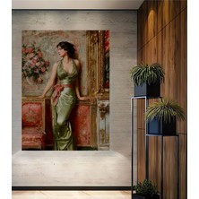 Teona Ahşap Zarif Yeşil Elbiseli Kadın Yağlı Boya Görünümlü Klasik Sanat Ahşap Dekoratif Tablo Dikdörtgen Tablo