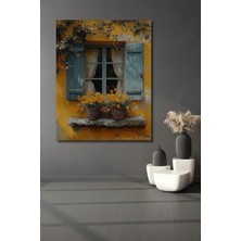 Teona Ahşap Sarı Cephe Mavi Panjurlu Pencere Yağlı Boya Görünümlü Ahşap Dekoratif Tablo Dikdörtgen Tablo