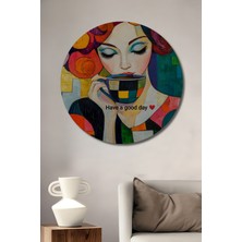 Teona Ahşap Renkli Soyut Kadın ve Kahve Bardağı Yağlı Boya Görünümlü Dekoratif Ahşap Tablo Yuvarlak Tablo