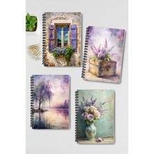 Qoeuyl Boutique Purple Dream Nostaljik Tasarım Tel Spiralli 4'lü Hatıra, Günlük, Ajanda, Anı, Okul Defter Seti