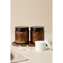 Khakma Ahşap Standlı Amber Cam Banyo Organizer Seti – Cotton Buds & Cotton Pads Yazılı – 2'li Set / 250 ml