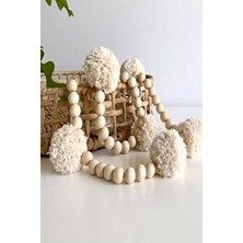 Emtory Home Ekru Renkli 7 Ponponlu Naturel Ahşap Boncuklu Dekoratif Yılbaşı Ağaç Süsü