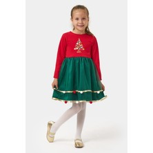 Mojo Bebek Mojo Kız Çocuk 4-7 Yaş Happy Christmas Ponponlu Elbise Kırmızı