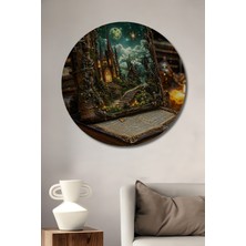 Teona Ahşap Gızemlı Büyülü Kitap Ormanı Yağlı Boya Görünümlü Ahşap Dekoratif Tablo Yuvarlak Tablo