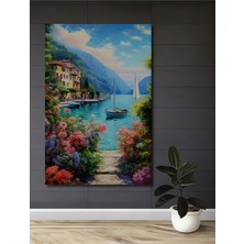 Teona Ahşap Yemyeşil Manzaralı Sahil Kasabası Sulu Boya Görünümlü Dekoratif Ahşap Tablo Dikdörtgen Tablo