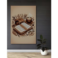 Teona Ahşap Kahve ve Kitap Aşkı Sulu Boya Görünümlü Ahşap Dekoratif Tablo Dikdörtgen Tablo