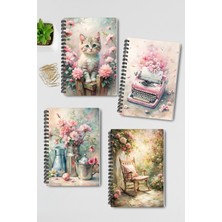 Qoeuyl Boutique Pink Dreams Nostaljik Tasarım Tel Spiralli 4'lü Hatıra, Günlük, Ajanda, Anı, Okul Defter Seti