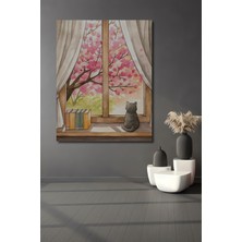 Teona Ahşap Ahşap Dekoratif Tablo Kedi ve Kiraz Çiçekleri Sulu Boya Görünümlü Sanat Eseri Dikdörtgen Tablo