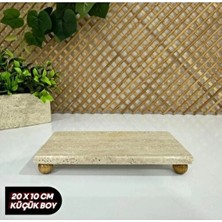 Doğal Traverten Mermer Yağlık Altlığı 20X10 cm Ahşap Ayaklı Dikdörtgen Desenli Bej Renk