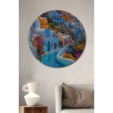 Teona Ahşap Masalsı Santorini Evleri Yağlı Boya Görünümlü Ahşap Dekoratif Tablo Yuvarlak Tablo