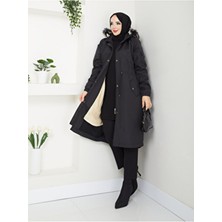 Derfa Collection 1032 Büyük Beden İçi Kapüşonu Tüylü Beli Bağcıklı 3 Cep Kadın Kap