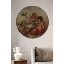Teona Ahşap Sevimli Melekler ve Kuşlarla Yağlı Boya Görünümlü Ahşap Dekoratif Tablo Yuvarlak Tablo
