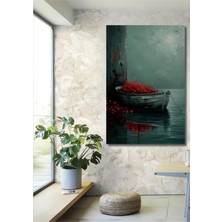 Teona Ahşap Kızıl Çiçekli Eskitme Tekne Yağlı Boya Görünümlü Ahşap Dekoratif Tablo Dikdörtgen Tablo