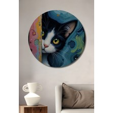 Teona Ahşap Rüyalarla Bezeli Kedi Yağlı Boya Görünümlü Ahşap Dekoratif Tablo Yuvarlak Tablo
