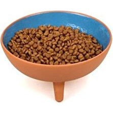  ayaklı sırlı çömlek kedi maması kabı mavi
