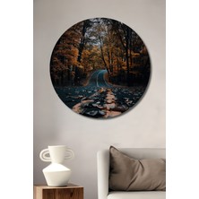 Teona Ahşap Sonbahar Orman Yolu Yağlı Boya Görünümlü Ahşap Dekoratif Tablo Yuvarlak Tablo