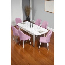 Baresmu Bara Beyaz Mermer 80X132 Açılabilir Sunta Masa Yemek Odası Takımı, Mutfak Takımı 6 Adet Sandalye