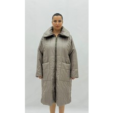 AlanyaXXL Büyük Beden Hakim Yaka Gizli Kapüşonlu Geniş Kalıp Dizaltı Kadın Şişme Kaban