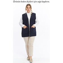 Elvin Kadın Büyük Beden Lacivert Kışlık Triko Yelek Kalın Tüylenmez V Yaka Kolsuz