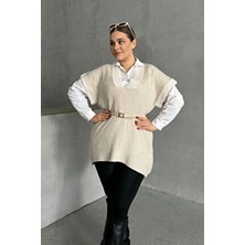 Stil Diva V Yaka Kısa Kollu Triko Süveter Büyük Beden Rahat Kullanım 302137