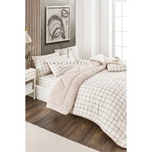 ChicMaison Çift Kişilik Pofuduk Uyku Seti Bej Renk Geometrik Desenli Ranforce Kumaş 195 x 215 cm