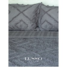 LUSSO Stile Antrasit Çift Kişilik Yatak Örtüsü 250X260 Geometrik Desenli Şönil Kumaş