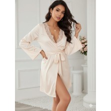 Passense Kadın Uzun Kollu Dantel Yakalı Belden Kuşaklı Viskon Gecelik