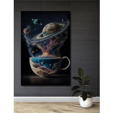 Teona Ahşap Kozmik Kahve Fincanı Sanat Tablosu Yağlı Boya Görünümlü Dikdörtgen Tablo