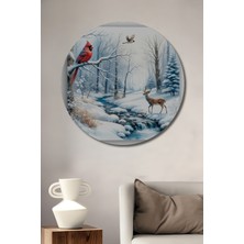 Teona Ahşap Kırmızı Kardinal Kuşu Kış Manzarası Ahşap Dekoratif Tablo Yuvarlak Tablo