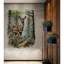 Teona Ahşap Ormanda Geyik Sulu Boya Görünümlü Dekoratif Ahşap Tablo Dikdörtgen Tablo