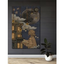 Teona Ahşap Gece Yıldızları ve Kitap Kurdu Kadın Yağlı Boya Görünümlü Dekoratif Ahşap Tablo Dikdörtgen Tablo