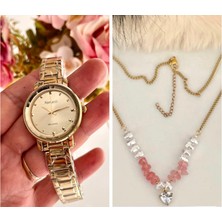 Ferrucci Gold Renk Çelik Kristal Kadranlı Kadın Kol Saati+Iincili %100 Çelik Kolye Hediye Set