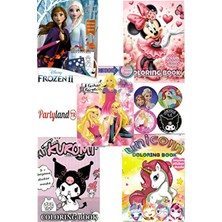 Partylandtr 5 Adet Boyama Kitabı Barbi, Frozen, Kuromi, Unicorn, Minnie Mouse 4 Rozet Hediye