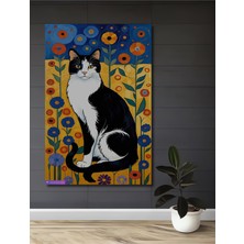 Teona Ahşap Siyah Beyaz Kedi Renkli Çiçekler Yağlı Boya Görünümlü Dekoratif Ahşap Tablo Dikdörtgen Tablo