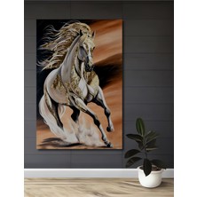 Teona Ahşap Altın Yeleli Beyaz At Yağlı Boya Görünümlü Ahşap Dekoratif Tablo Dikdörtgen Tablo