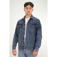 Souris Erkek Lacivert Yıkamalı Kot Ceket Rahat Kalıp Gömlek Yaka Kapaklı Çift Cep