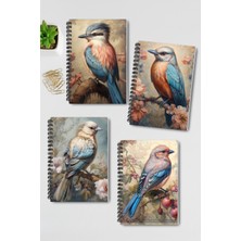 Qoeuyl Boutique Vintage Kuş Temalı No:2 Tasarım Tel Spiralli 4'lü Hatıra, Günlük, Ajanda, Anı, Okul Defter Seti