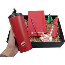 Kırmızı Dörtlü Set | Vıp Hediye Özel Kutusu ile - Termos, Defter, Defter ve Kartvizitlik